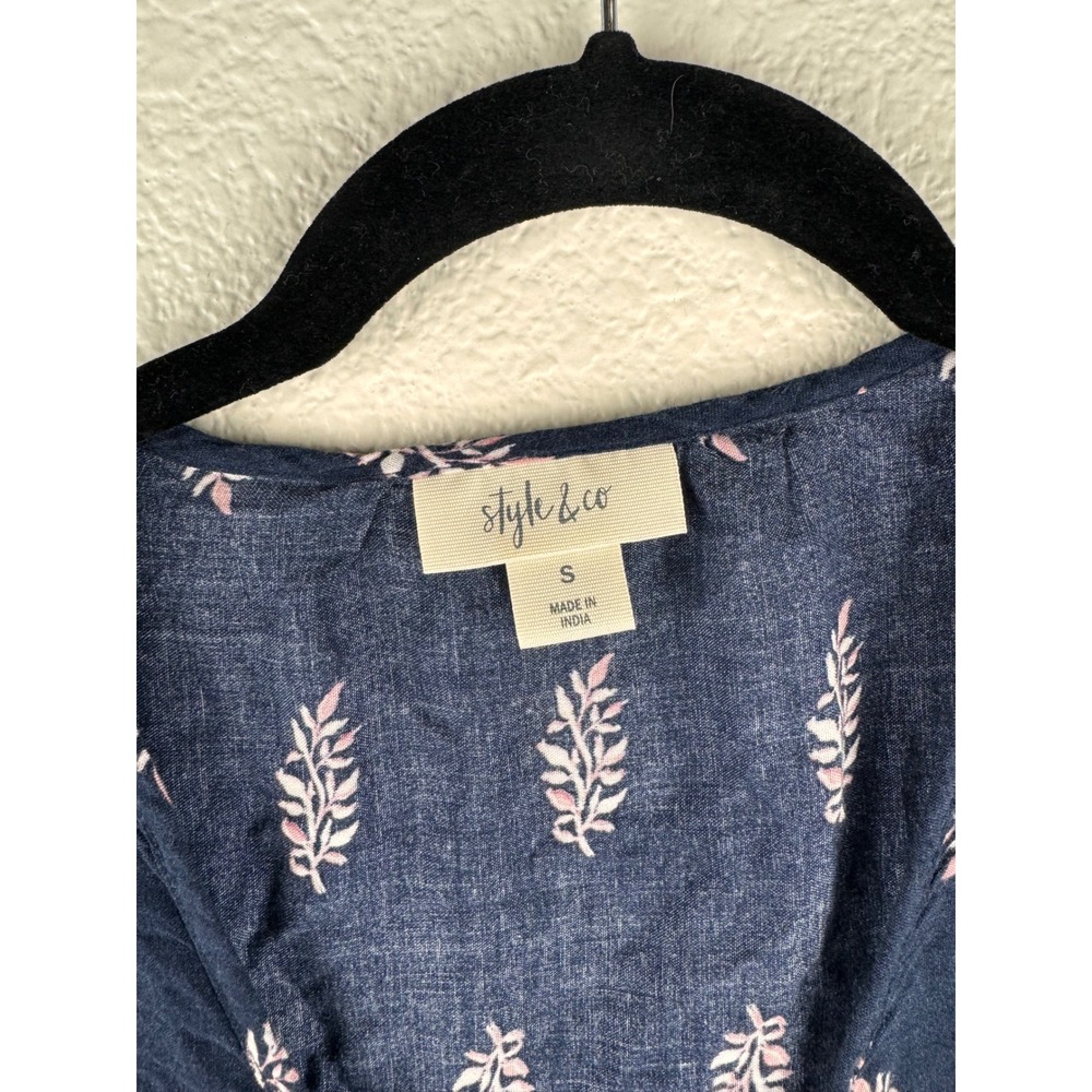 Style& Co Navy Blue Floral Print Lace Up Tassel Tunic Top Womens Size S Boho - Picture 2 of 10